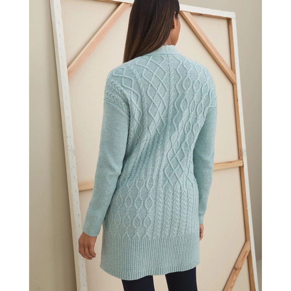 Chicos Womens Cable Stitch Cardigan Sz 1 (US M) Blue Open Front Comfort‎ Office